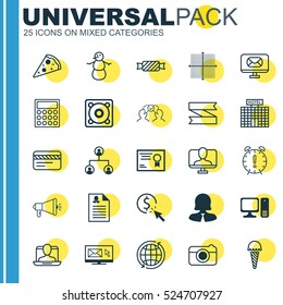Set Of 25 Universal Editable Icons. Can Be Used For Web, Mobile And App Design. Includes Elements Such As Desktop Computer, Graphical Grid, Blank Ribbon And More.