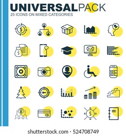 Set Of 25 Universal Editable Icons. Can Be Used For Web, Mobile And App Design. Includes Elements Such As Decorated Tree, Street, Open Cardboard And More.