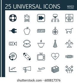 Set Of 25 Universal Editable Icons. Can Be Used For Web, Mobile And App Design. Includes Elements Such As Gift Surprise, Seashell, Video Camcorder And More.