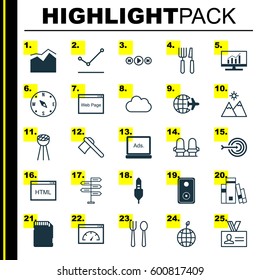 Set Of 25 Universal Editable Icons. Can Be Used For Web, Mobile And App Design. Includes Elements Such As Landscape, Cloud, Audio Device.