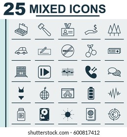 Set Of 25 Universal Editable Icons. Can Be Used For Web, Mobile And App Design. Includes Elements Such As Accumulator Sign, Web Page Performance, Auto Car And More.