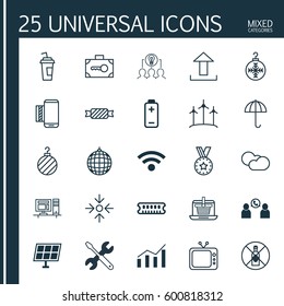 Set Of 25 Universal Editable Icons. Can Be Used For Web, Mobile And App Design. Includes Elements Such As Windmill, Computer, Wireless And More.