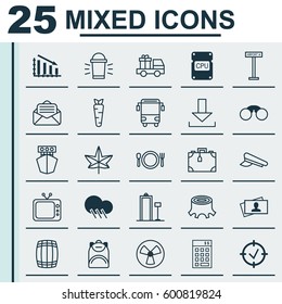 Set Of 25 Universal Editable Icons. Can Be Used For Web, Mobile And App Design. Includes Elements Such As Security Scanner, Television, Approved Target And More.