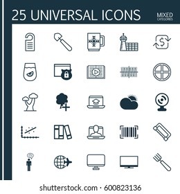 Set Of 25 Universal Editable Icons. Can Be Used For Web, Mobile And App Design. Includes Elements Such As Bookshelf, Taped Book, Planning And More.