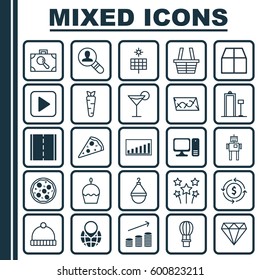 Set Of 25 Universal Editable Icons. Can Be Used For Web, Mobile And App Design. Includes Elements Such As Photo Camera, Festive Fireworks, Coins Growth And More.