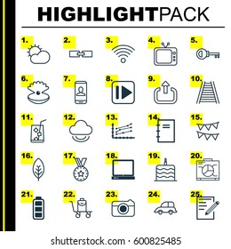 Set Of 25 Universal Editable Icons. Can Be Used For Web, Mobile And App Design. Includes Elements Such As Railroad, Auto Car, Tree Leaf And More.