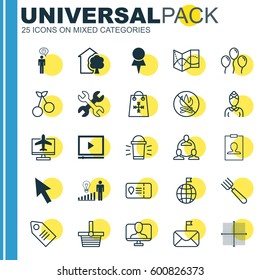 Set Of 25 Universal Editable Icons. Can Be Used For Web, Mobile And App Design. Includes Elements Such As Video Player, Identity Card, Mouse And More.