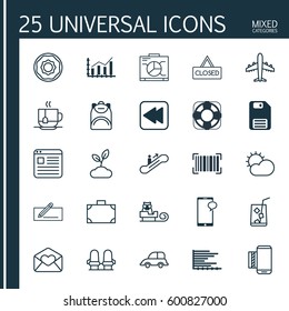 Set Of 25 Universal Editable Icons. Can Be Used For Web, Mobile And App Design. Includes Elements Such As Portfolio, Closed Placard, Airliner And More.