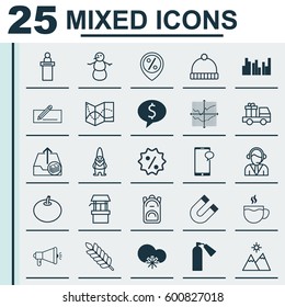 Set Of 25 Universal Editable Icons. Can Be Used For Web, Mobile And App Design. Includes Elements Such As Grouped Bar Charts, Rucksack, Lorry Birthday And More.