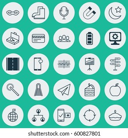 Set Of 25 Universal Editable Icons. Can Be Used For Web, Mobile And App Design. Includes Elements Such As Carnival Face, Startup, Cake Piece And More.