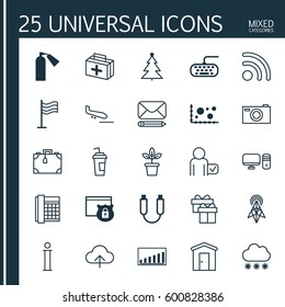 Set Of 25 Universal Editable Icons. Can Be Used For Web, Mobile And App Design. Includes Elements Such As Wireless Router, Farmhouse, Drink Cup And More.