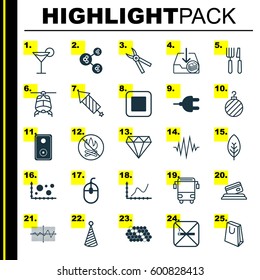Set Of 25 Universal Editable Icons. Can Be Used For Web, Mobile And App Design. Includes Elements Such As Fork Knife, Cocktail, Control Device And More.