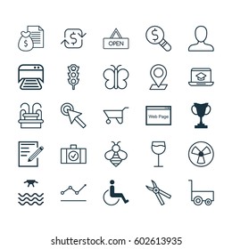 Set Of 25 Universal Editable Icons. Can Be Used For Web, Mobile And App Design. Includes Elements Such As Wheelbarrow, Distance Learning, Board And More.