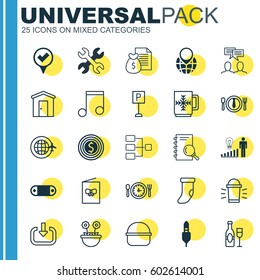 Set Of 25 Universal Editable Icons. Can Be Used For Web, Mobile And App Design. Includes Elements Such As Celebration Card, Farmhouse, Radio Set And More.