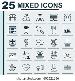 Set Of 25 Universal Editable Icons. Can Be Used For Web, Mobile And App Design. Includes Elements Such As Departure Information, Flight Basket, Camcorder And More.