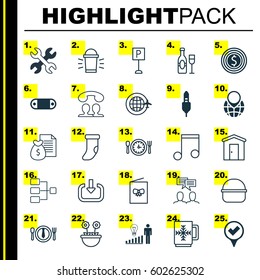 Set Of 25 Universal Editable Icons. Can Be Used For Web, Mobile And App Design. Includes Elements Such As Note, Dinner, System Structure And More.