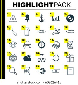 Set Of 25 Universal Editable Icons. Can Be Used For Web, Mobile And App Design. Includes Elements Such As Gift, Sunny Weather, Distributed Pie Chart And More.