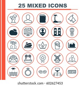 Set Of 25 Universal Editable Icons. Can Be Used For Web, Mobile And App Design. Includes Elements Such As Oak, Present Badge, Memory Card And More.
