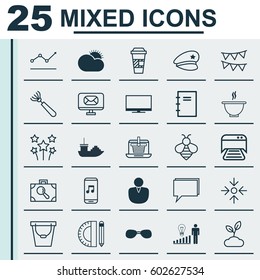 Set Of 25 Universal Editable Icons. Can Be Used For Web, Mobile And App Design. Includes Elements Such As Baggage Research, Conference, Festive Fireworks And More.