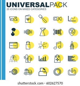 Set Of 25 Universal Editable Icons. Can Be Used For Web, Mobile And App Design. Includes Elements Such As Toffee Candy, Identification Code, Helianthus.