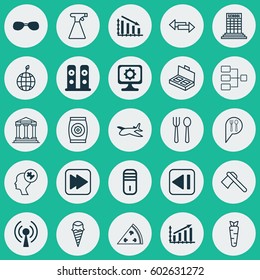 Set Of 25 Universal Editable Icons. Can Be Used For Web, Mobile And App Design. Includes Elements Such As Profit Graph, Eating House, Dessert And More.