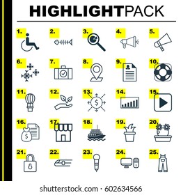 Set Of 25 Universal Editable Icons. Can Be Used For Web, Mobile And App Design. Includes Elements Such As Report, Microphone, Bullhorn And More.