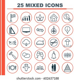 Set Of 25 Universal Editable Icons. Can Be Used For Web, Mobile And App Design. Includes Elements Such As Champagne Glasses, Cutlery, Pin And More.
