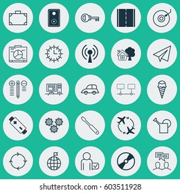 Set Of 25 Universal Editable Icons. Can Be Used For Web, Mobile And App Design. Includes Elements Such As Sun Clock, Board, Auto Car And More.
