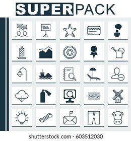 Set Of 25 Universal Editable Icons. Can Be Used For Web, Mobile And App Design. Includes Elements Such As Crooked Graph, Bank Card, Lamppost And More.