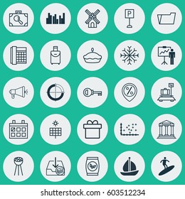 Set Of 25 Universal Editable Icons. Can Be Used For Web, Mobile And App Design. Includes Elements Such As Trip Handbag, Grains, Baggage Research.