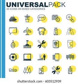 Set Of 25 Universal Editable Icons. Can Be Used For Web, Mobile And App Design. Includes Elements Such As Message Bubble, Chip, Yacht And More.