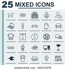 Set Of 25 Universal Editable Icons. Can Be Used For Web, Mobile And App Design. Includes Elements Such As Microphone, Document Suitcase, Wheelbarrow And More.