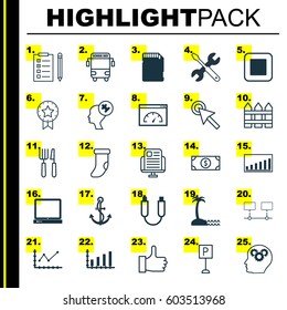 Set Of 25 Universal Editable Icons. Can Be Used For Web, Mobile And App Design. Includes Elements Such As Island Beach, Portable Memory, Stop Button.