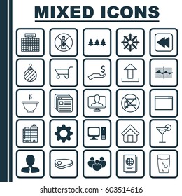 Set Of 25 Universal Editable Icons. Can Be Used For Web, Mobile And App Design. Includes Elements Such As Holiday Ornament, Program, Cocktail And More.