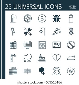 Set Of 25 Universal Editable Icons. Can Be Used For Web, Mobile And App Design. Includes Elements Such As Calculator, Sliced Pizza, Cactus And More.