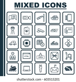 Set Of 25 Universal Editable Icons. Can Be Used For Web, Mobile And App Design. Includes Elements Such As Online Chatting, Shipping Tour, Bumblebee And More.