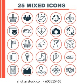 Set Of 25 Universal Editable Icons. Can Be Used For Web, Mobile And App Design. Includes Elements Such As Security, Airliner, Line Range Graph And More.