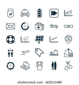 Set Of 25 Universal Editable Icons. Can Be Used For Web, Mobile And App Design. Includes Elements Such As Line Graph, Sun Power, Taxi And More.