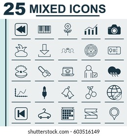 Set Of 25 Universal Editable Icons. Can Be Used For Web, Mobile And App Design. Includes Elements Such As Connectivity, Bush, Run Song Back And More.