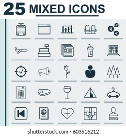 Set Of 25 Universal Editable Icons. Can Be Used For Web, Mobile And App Design. Includes Elements Such As Peg, Algorithm Illustration, Run Song Back And More.
