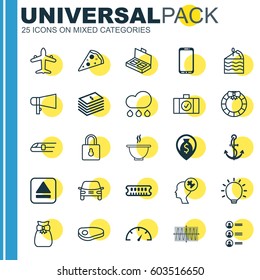 Set Of 25 Universal Editable Icons. Can Be Used For Web, Mobile And App Design. Includes Elements Such As Bullhorn, Cosinus Diagram, Safeguard And More.