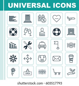 Set Of 25 Universal Editable Icons. Can Be Used For Web, Mobile And App Design. Includes Elements Such As Taxi, Screwdriver With Wrench, Air Transport And More.