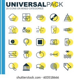 Set Of 25 Universal Editable Icons. Can Be Used For Web, Mobile And App Design. Includes Elements Such As Seafood Skeleton, Education Center, Cd-Rom And More.