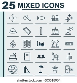 Set Of 25 Universal Editable Icons. Can Be Used For Web, Mobile And App Design. Includes Elements Such As Spiral Notebook, Star Snow, Celebration Cake And More.