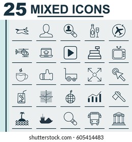 Set Of 25 Universal Editable Icons. Can Be Used For Web, Mobile And App Design. Includes Elements Such As Plane, Tomahawk, Mitten And More.