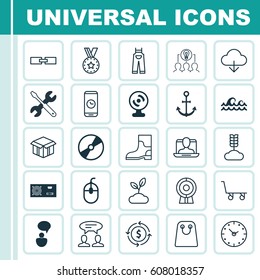 Set Of 25 Universal Editable Icons. Can Be Used For Web, Mobile And App Design. Includes Elements Such As Screwdriver With Wrench, Cd-Rom, Plant And More.