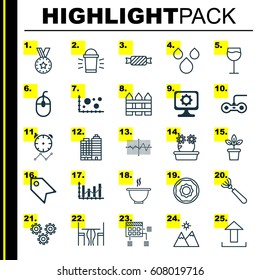 Set Of 25 Universal Editable Icons. Can Be Used For Web, Mobile And App Design. Includes Elements Such As Harrow, Bowl, Landscape.