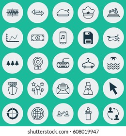 Set Of 25 Universal Editable Icons. Can Be Used For Web, Mobile And App Design. Includes Elements Such As Chicken Fry, Pilot Hat, Diskette And More.