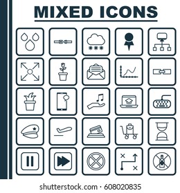 Set Of 25 Universal Editable Icons. Can Be Used For Web, Mobile And App Design. Includes Elements Such As Achievement Graph, Exit, Safety Belt And More.