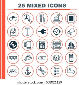 Set Of 25 Universal Editable Icons. Can Be Used For Web, Mobile And App Design. Includes Elements Such As Society, Mainframe, Mobile Service And More.